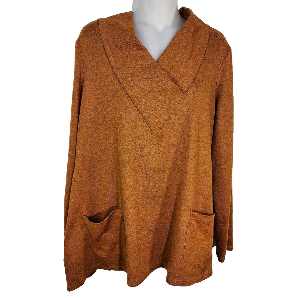LOGO Lori Goldstein Sweater Womens Large Cowl Neck Front Pockets Orange A343821